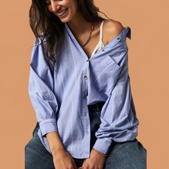 We The Free Tops - WE THE FREE PEOPLE Happy Hour Striped Loose Fit Balloon Sleeve Shirt Blue